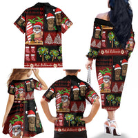 Hawaiian Christmas Family Matching Off The Shoulder Long Sleeve Dress and Hawaiian Shirt - Mele Kalikimaka Island Holiday Vibes - Black Red