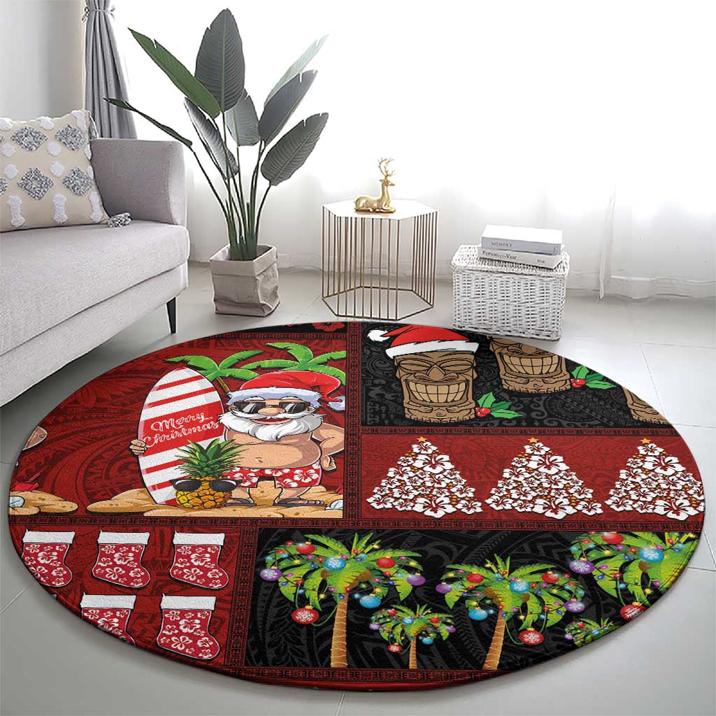 Hawaiian Christmas Round Carpet - Mele Kalikimaka Island Holiday Vibes - Black Red