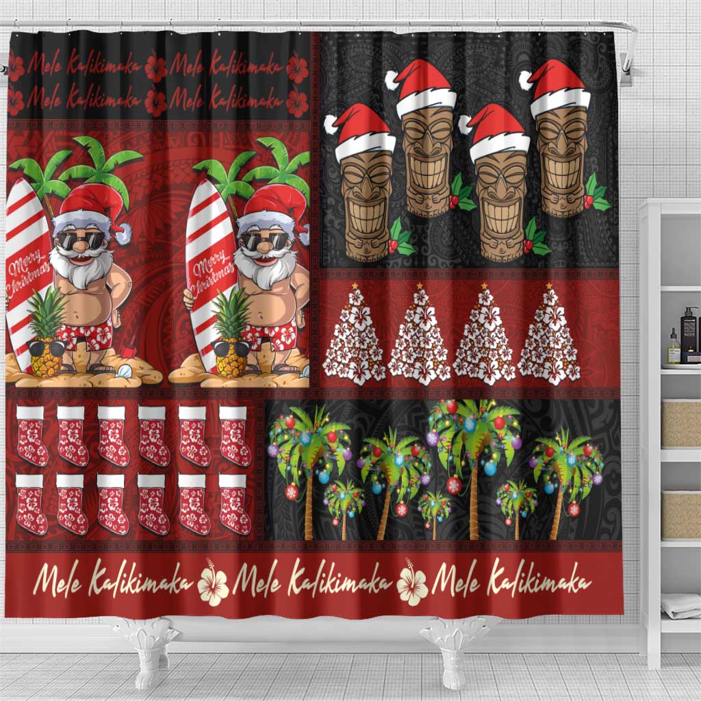 Hawaiian Christmas Shower Curtain - Mele Kalikimaka Island Holiday Vibes - Black Red