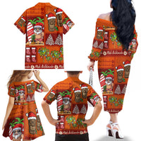 Hawaiian Christmas Family Matching Off The Shoulder Long Sleeve Dress and Hawaiian Shirt - Mele Kalikimaka Island Holiday Vibes - Red Orange