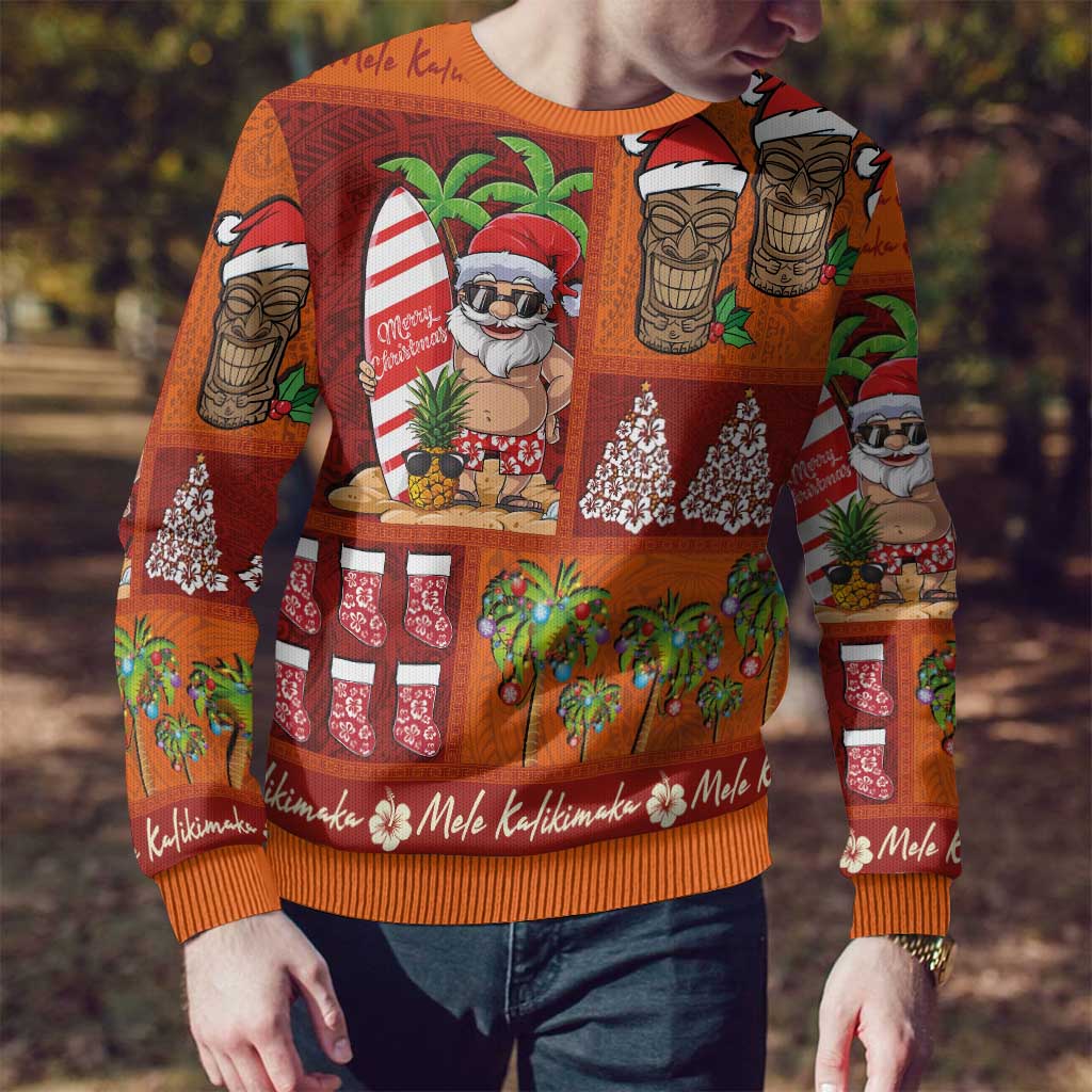 Hawaiian Christmas Ugly Christmas Sweater - Mele Kalikimaka Island Holiday Vibes - Red Orange