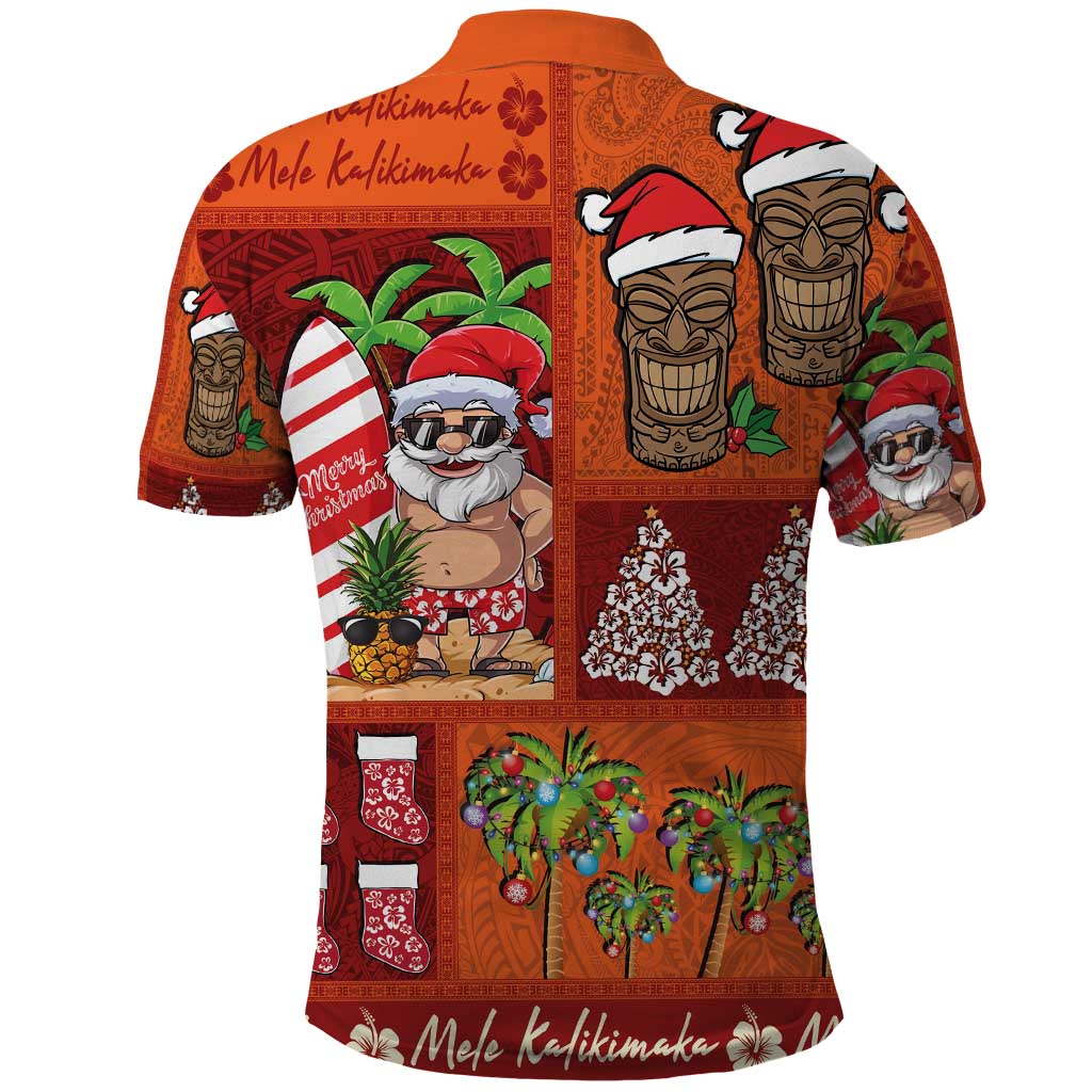 Hawaiian Christmas Polo Shirt - Mele Kalikimaka Island Holiday Vibes - Red Orange