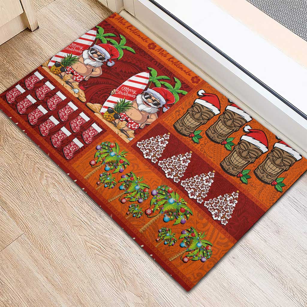 Hawaiian Christmas Rubber Doormat - Mele Kalikimaka Island Holiday Vibes - Red Orange