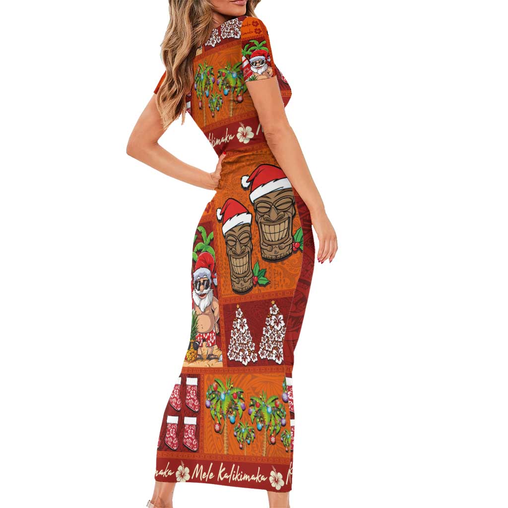 Hawaiian Christmas Short Sleeve Bodycon Dress - Mele Kalikimaka Island Holiday Vibes - Red Orange