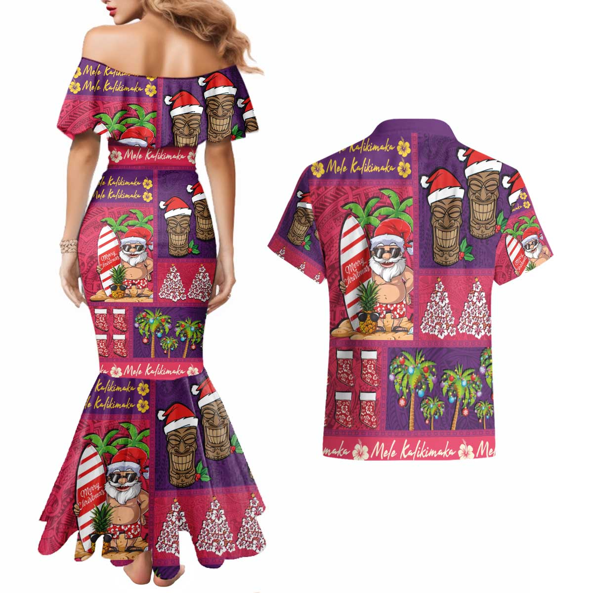 Hawaiian Christmas Couples Matching Mermaid Dress and Hawaiian Shirt - Mele Kalikimaka Island Holiday Vibes - Pink Purple