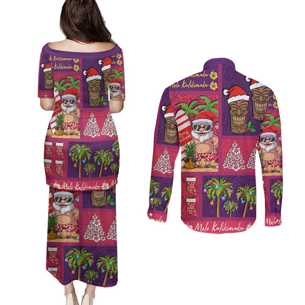 Hawaiian Christmas Couples Matching Puletasi and Long Sleeve Button Shirt - Mele Kalikimaka Island Holiday Vibes - Pink Purple
