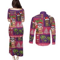 Hawaiian Christmas Couples Matching Puletasi and Long Sleeve Button Shirt - Mele Kalikimaka Island Holiday Vibes - Pink Purple