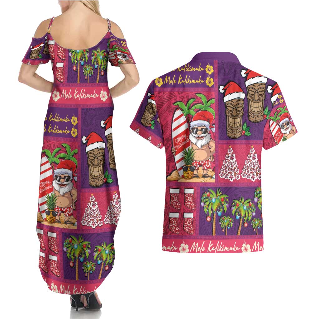 Hawaiian Christmas Couples Matching Summer Maxi Dress and Hawaiian Shirt - Mele Kalikimaka Island Holiday Vibes - Pink Purple