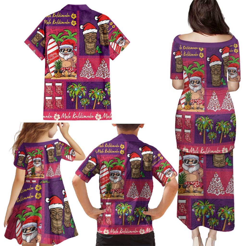 Hawaiian Christmas Family Matching Puletasi and Hawaiian Shirt - Mele Kalikimaka Island Holiday Vibes - Pink Purple