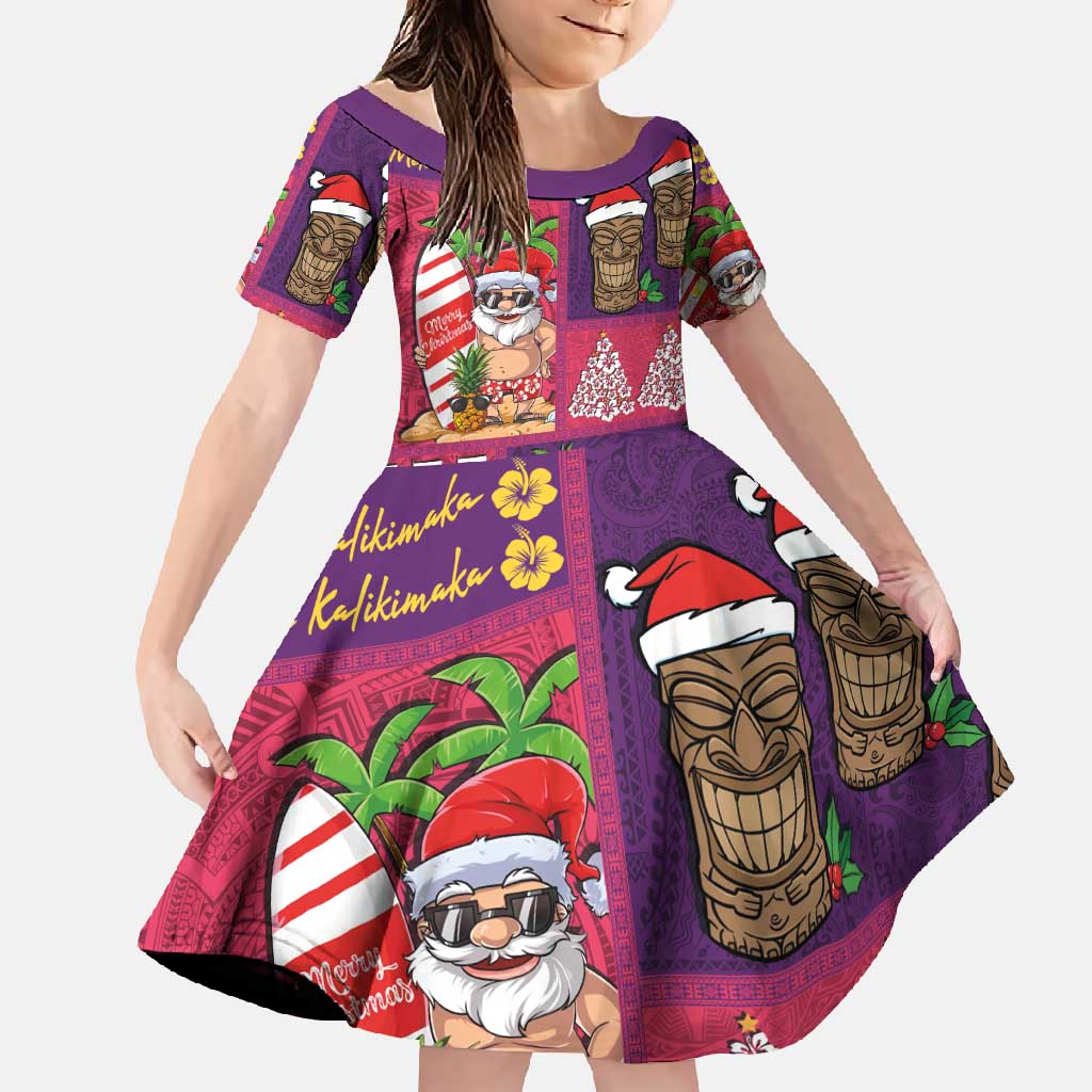 Hawaiian Christmas Family Matching Short Sleeve Bodycon Dress and Hawaiian Shirt - Mele Kalikimaka Island Holiday Vibes - Pink Purple