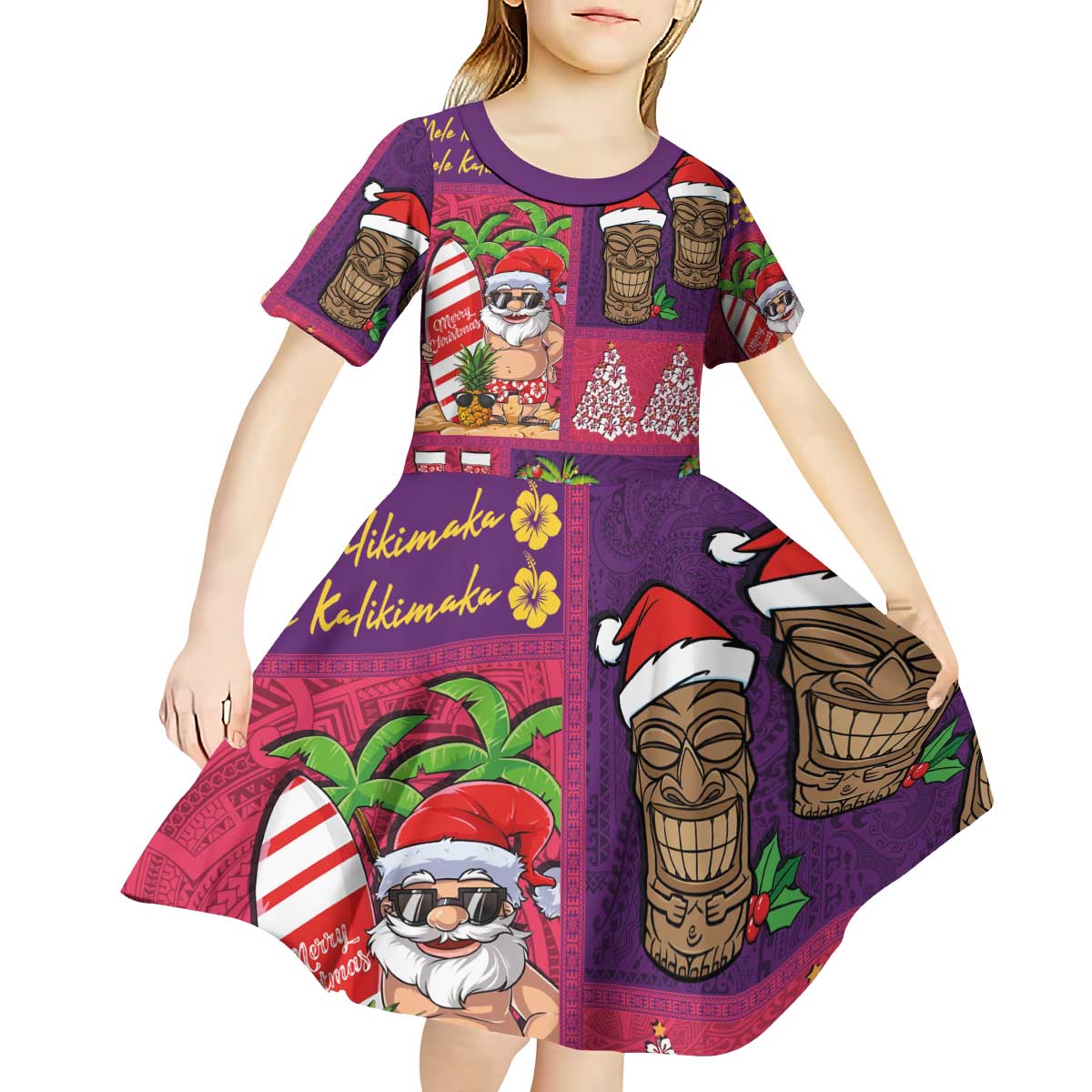 Hawaiian Christmas Kid Short Sleeve Dress - Mele Kalikimaka Island Holiday Vibes - Pink Purple