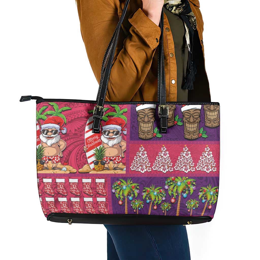 Hawaiian Christmas Leather Tote Bag - Mele Kalikimaka Island Holiday Vibes - Pink Purple