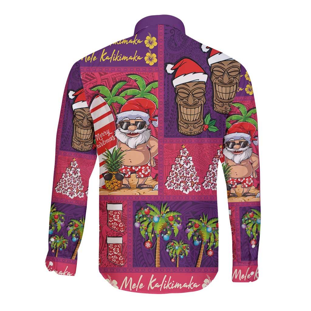 Hawaiian Christmas Long Sleeve Button Shirt - Mele Kalikimaka Island Holiday Vibes - Pink Purple