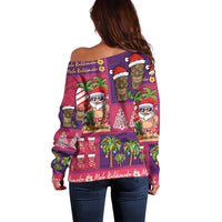 Hawaiian Christmas Off Shoulder Sweater - Mele Kalikimaka Island Holiday Vibes - Pink Purple