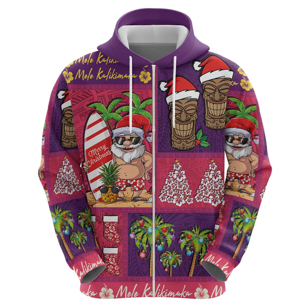 Hawaiian Christmas Zip Hoodie - Mele Kalikimaka Island Holiday Vibes - Pink Purple