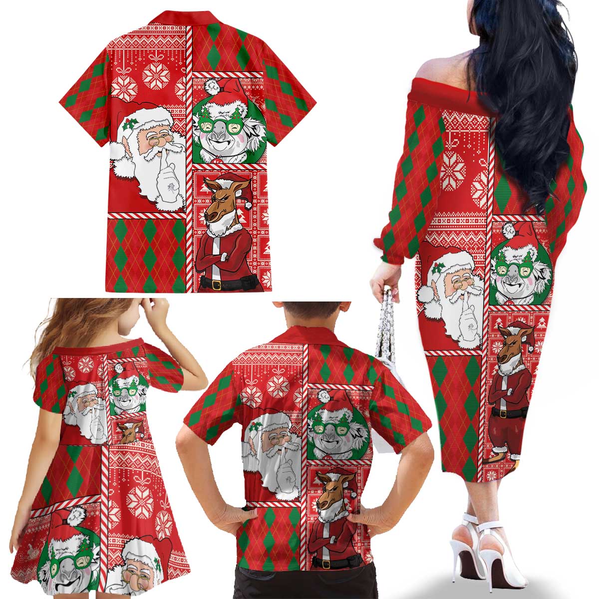 Australian Christmas Family Matching Off The Shoulder Long Sleeve Dress and Hawaiian Shirt - Santa Koala Kangaroo and Holiday Cheer