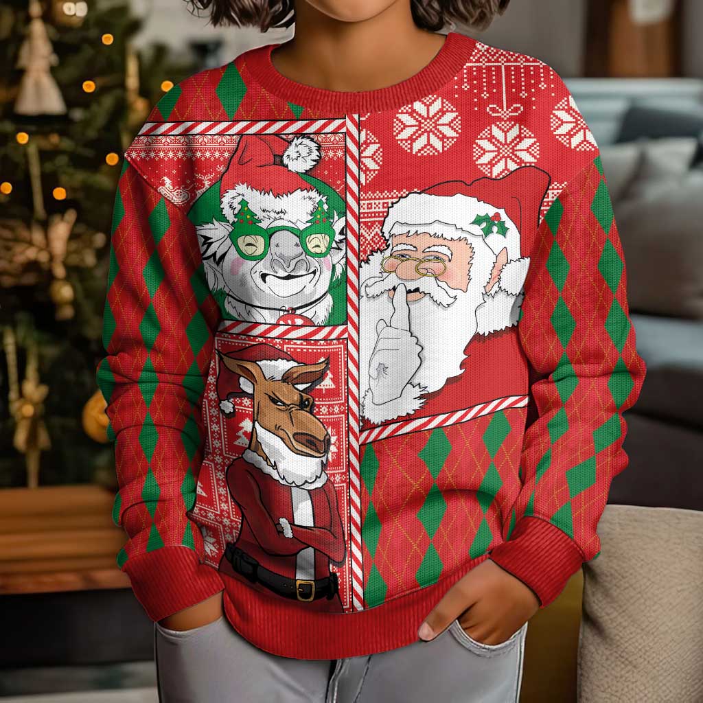 Australian Christmas Kid Ugly Christmas Sweater - Santa Koala Kangaroo and Holiday Cheer