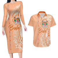 Bula Fiji Couples Matching Long Sleeve Bodycon Dress and Hawaiian Shirt Tropical Flower and Tapa Pattern Peach Fuzz Color LT03 Peach Fuzz - Polynesian Pride
