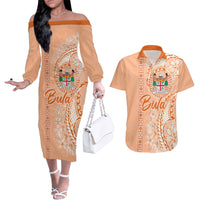Bula Fiji Couples Matching Off The Shoulder Long Sleeve Dress and Hawaiian Shirt Tropical Flower and Tapa Pattern Peach Fuzz Color LT03 Peach Fuzz - Polynesian Pride