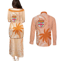 Bula Fiji Couples Matching Puletasi Dress and Long Sleeve Button Shirt Tropical Flower and Tapa Pattern Peach Fuzz Color LT03 - Polynesian Pride