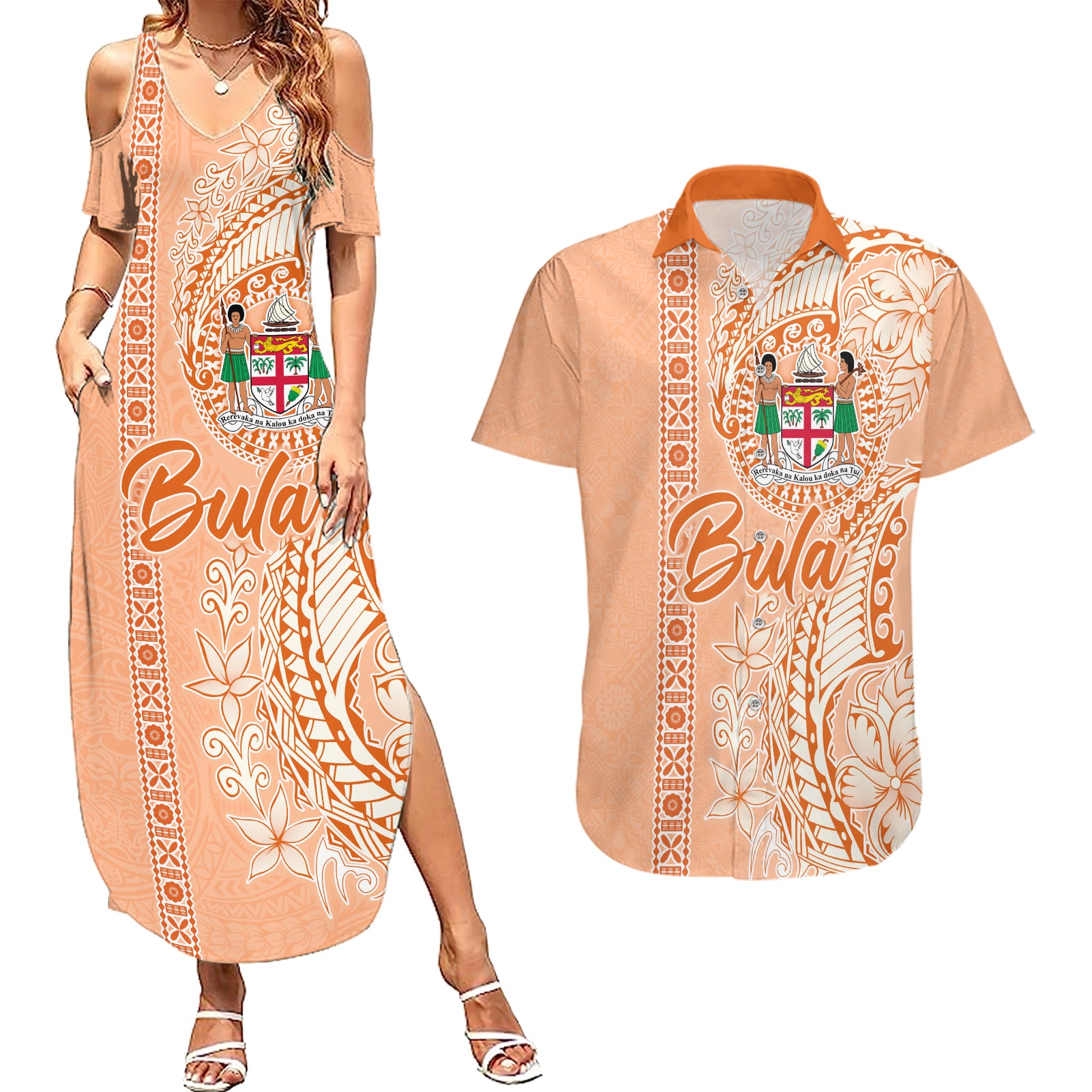 Bula Fiji Couples Matching Summer Maxi Dress and Hawaiian Shirt Tropical Flower and Tapa Pattern Peach Fuzz Color LT03 Peach Fuzz - Polynesian Pride