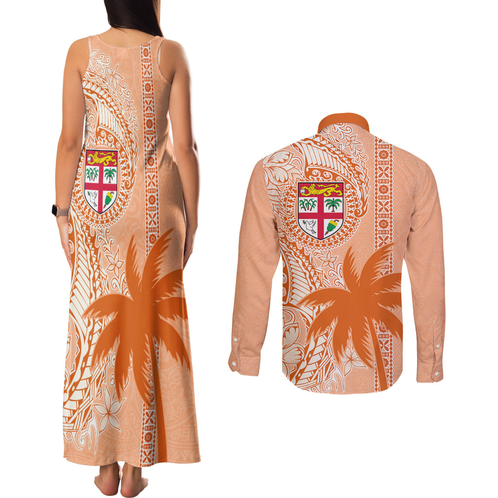 Bula Fiji Couples Matching Tank Maxi Dress and Long Sleeve Button Shirt Tropical Flower and Tapa Pattern Peach Fuzz Color LT03 - Polynesian Pride