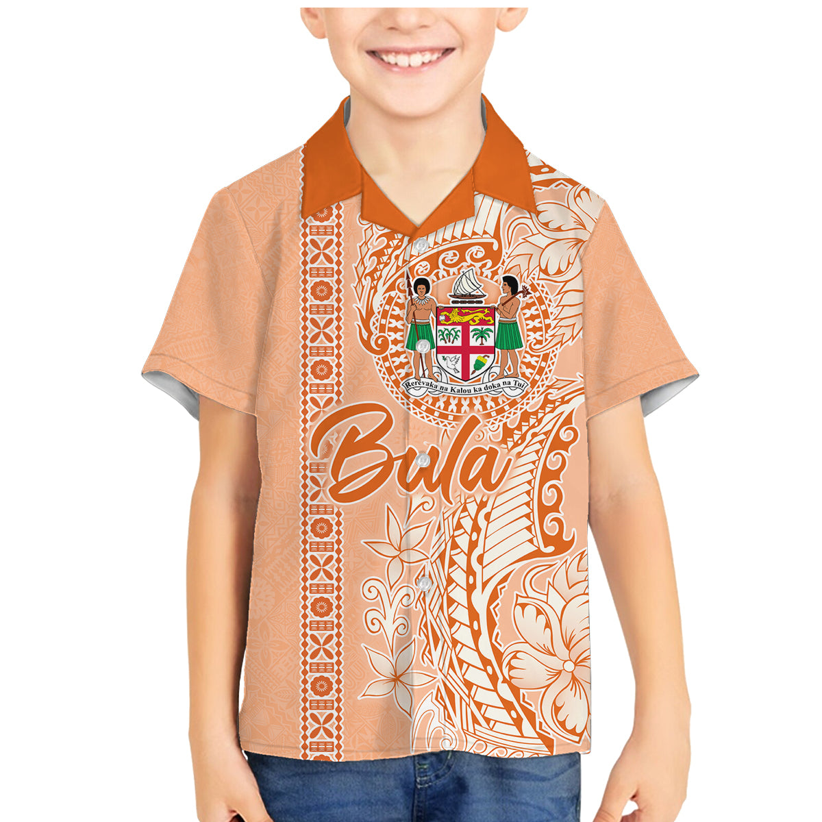 Bula Fiji Family Matching Mermaid Dress and Hawaiian Shirt Tropical Flower and Tapa Pattern Peach Fuzz Color LT03 Son's Shirt Peach Fuzz - Polynesian Pride