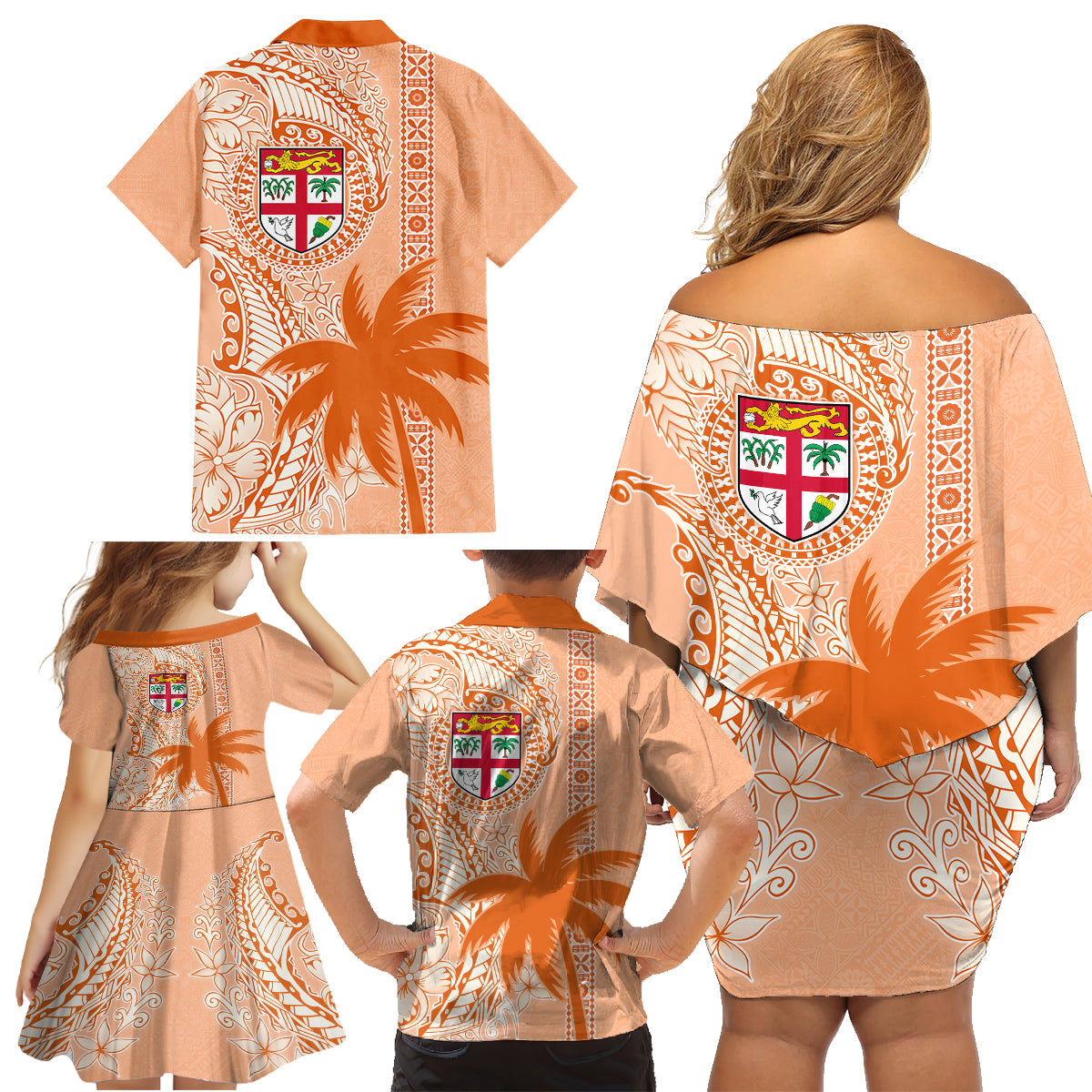 Bula Fiji Family Matching Off Shoulder Short Dress and Hawaiian Shirt Tropical Flower and Tapa Pattern Peach Fuzz Color LT03 - Polynesian Pride