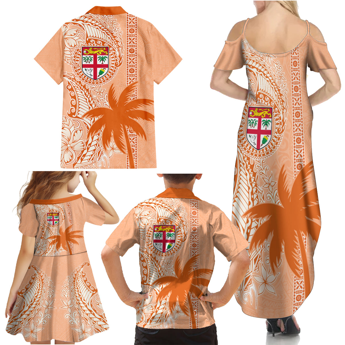 Bula Fiji Family Matching Summer Maxi Dress and Hawaiian Shirt Tropical Flower and Tapa Pattern Peach Fuzz Color LT03 - Polynesian Pride