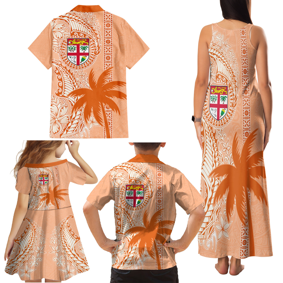 Bula Fiji Family Matching Tank Maxi Dress and Hawaiian Shirt Tropical Flower and Tapa Pattern Peach Fuzz Color LT03 - Polynesian Pride
