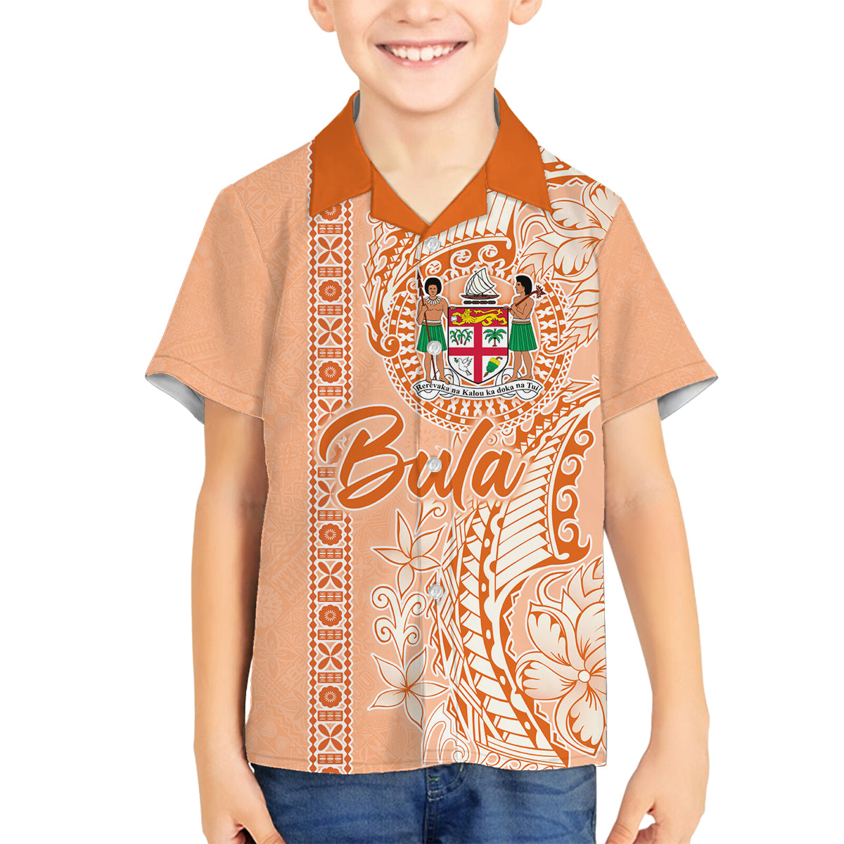 Bula Fiji Family Matching Tank Maxi Dress and Hawaiian Shirt Tropical Flower and Tapa Pattern Peach Fuzz Color LT03 Son's Shirt Peach Fuzz - Polynesian Pride
