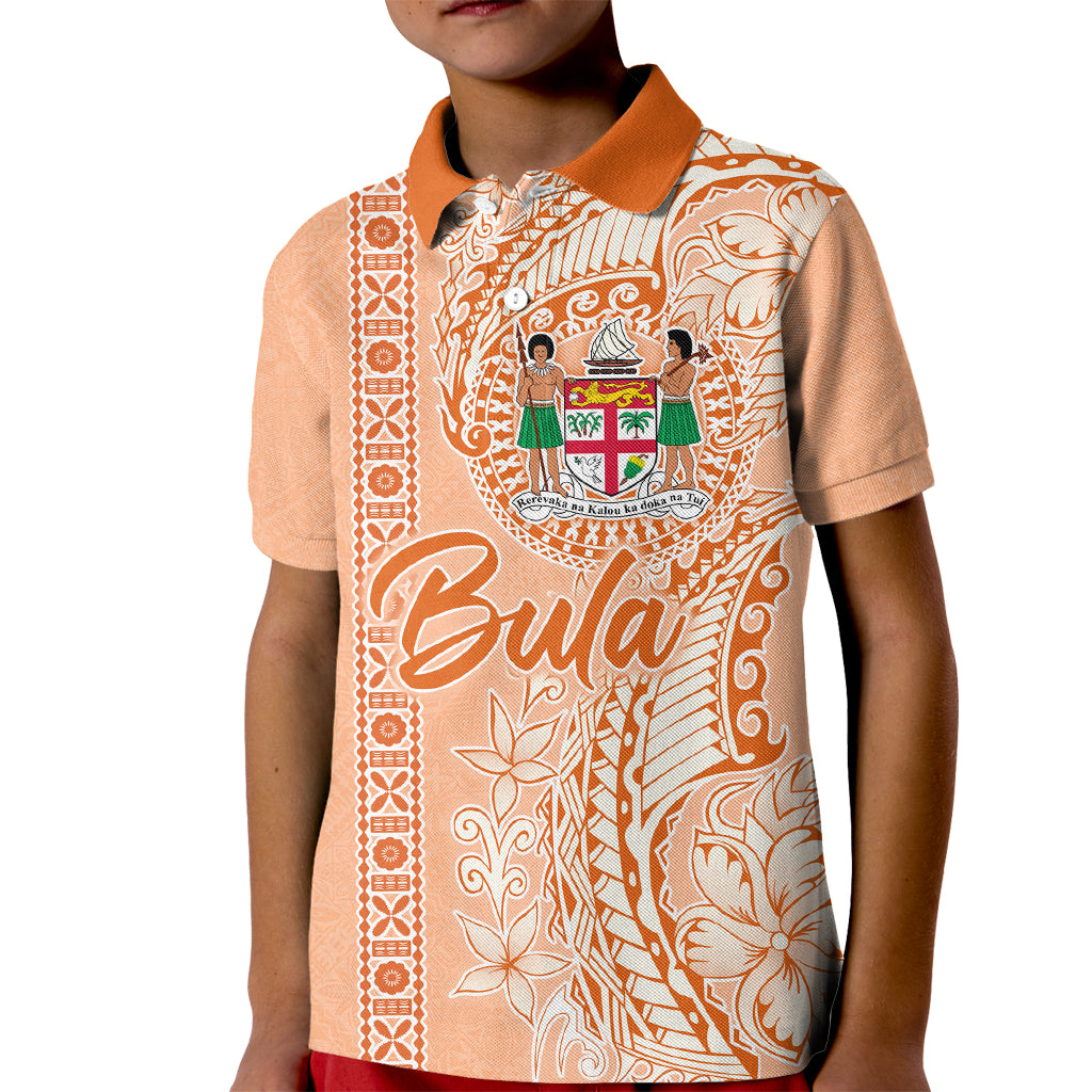 Bula Fiji Kid Polo Shirt Tropical Flower and Tapa Pattern Peach Fuzz Color LT03 Kid Peach Fuzz - Polynesian Pride