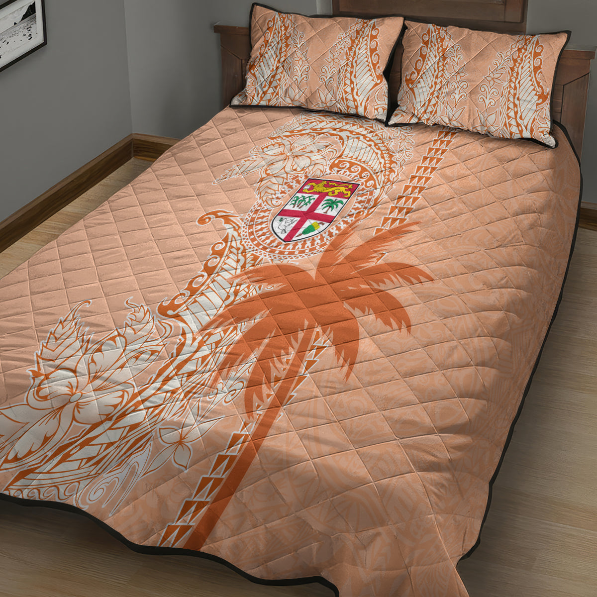 Bula Fiji Quilt Bed Set Tropical Flower and Tapa Pattern Peach Fuzz Color LT03 - Polynesian Pride