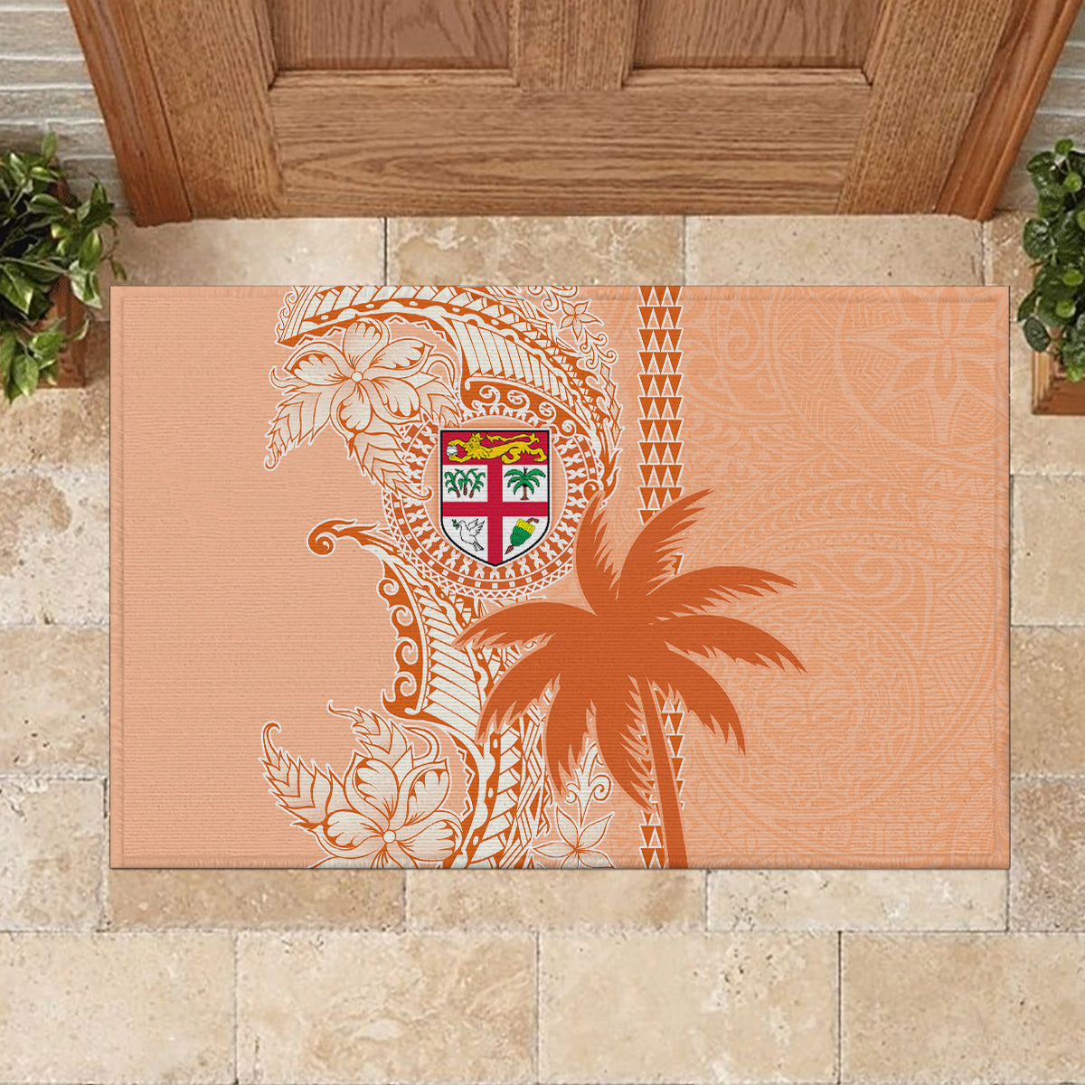 Bula Fiji Rubber Doormat Tropical Flower and Tapa Pattern Peach Fuzz Color LT03 - Polynesian Pride