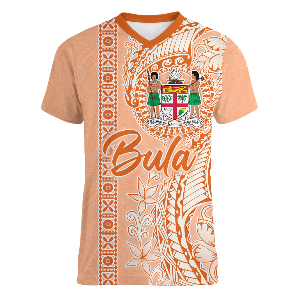 Bula Fiji Women V Neck T Shirt Tropical Flower and Tapa Pattern Peach Fuzz Color LT03 Female Peach Fuzz - Polynesian Pride