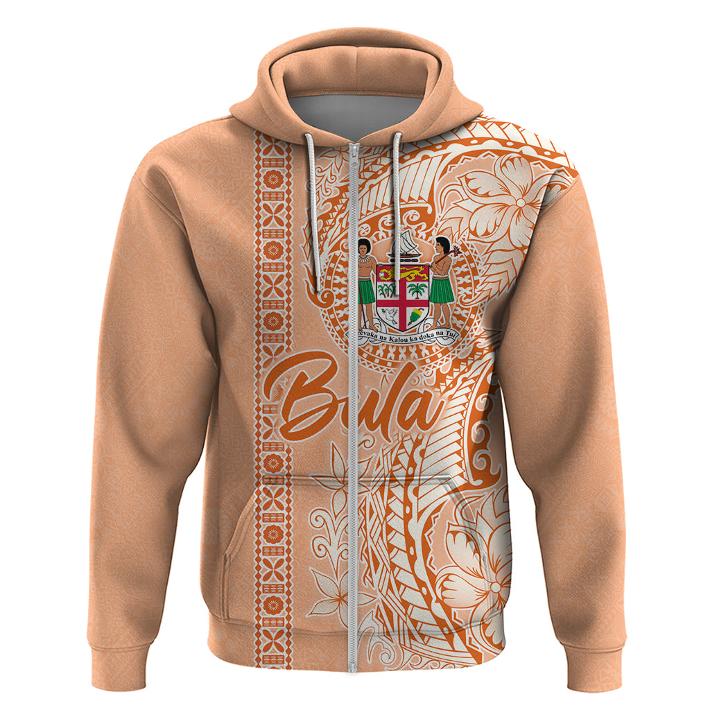 Bula Fiji Zip Hoodie Tropical Flower and Tapa Pattern Peach Fuzz Color LT03 Zip Hoodie Peach Fuzz - Polynesian Pride