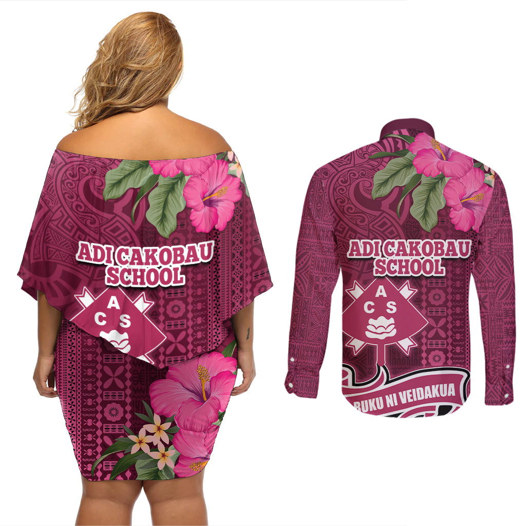 Fiji Adi Cakobau School Couples Matching Off Shoulder Short Dress and Long Sleeve Button Shirt Tropical Flower and Tapa Pattern LT03 - Polynesian Pride