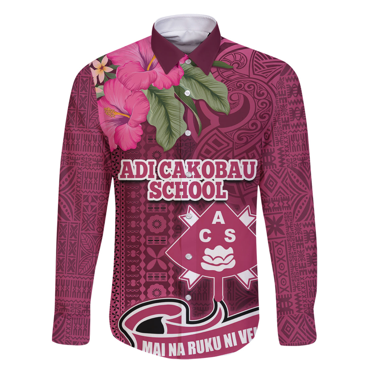 Fiji Adi Cakobau School Family Matching Off Shoulder Short Dress and Hawaiian Shirt Tropical Flower and Tapa Pattern LT03 Dad's Shirt - Long Sleeve Pink - Polynesian Pride