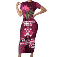 Fiji Adi Cakobau School Short Sleeve Bodycon Dress Tropical Flower and Tapa Pattern LT03 Long Dress Pink - Polynesian Pride