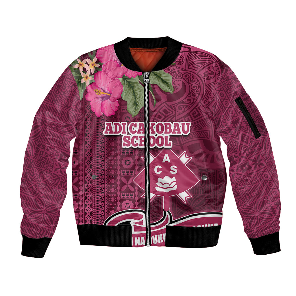Fiji Adi Cakobau School Sleeve Zip Bomber Jacket Tropical Flower and Tapa Pattern LT03 Unisex Pink - Polynesian Pride