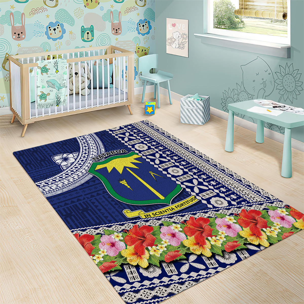Fiji Natabua High School Area Rug Tropical Flower and Tapa Pattern Blue Style LT03 - Polynesian Pride