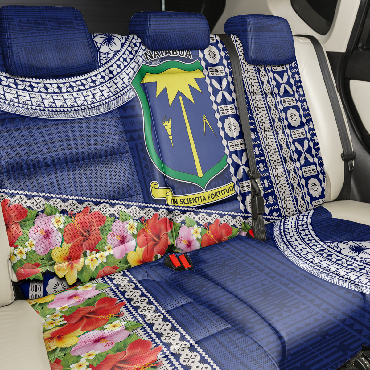 Fiji Natabua High School Back Car Seat Cover Tropical Flower and Tapa Pattern Blue Style LT03