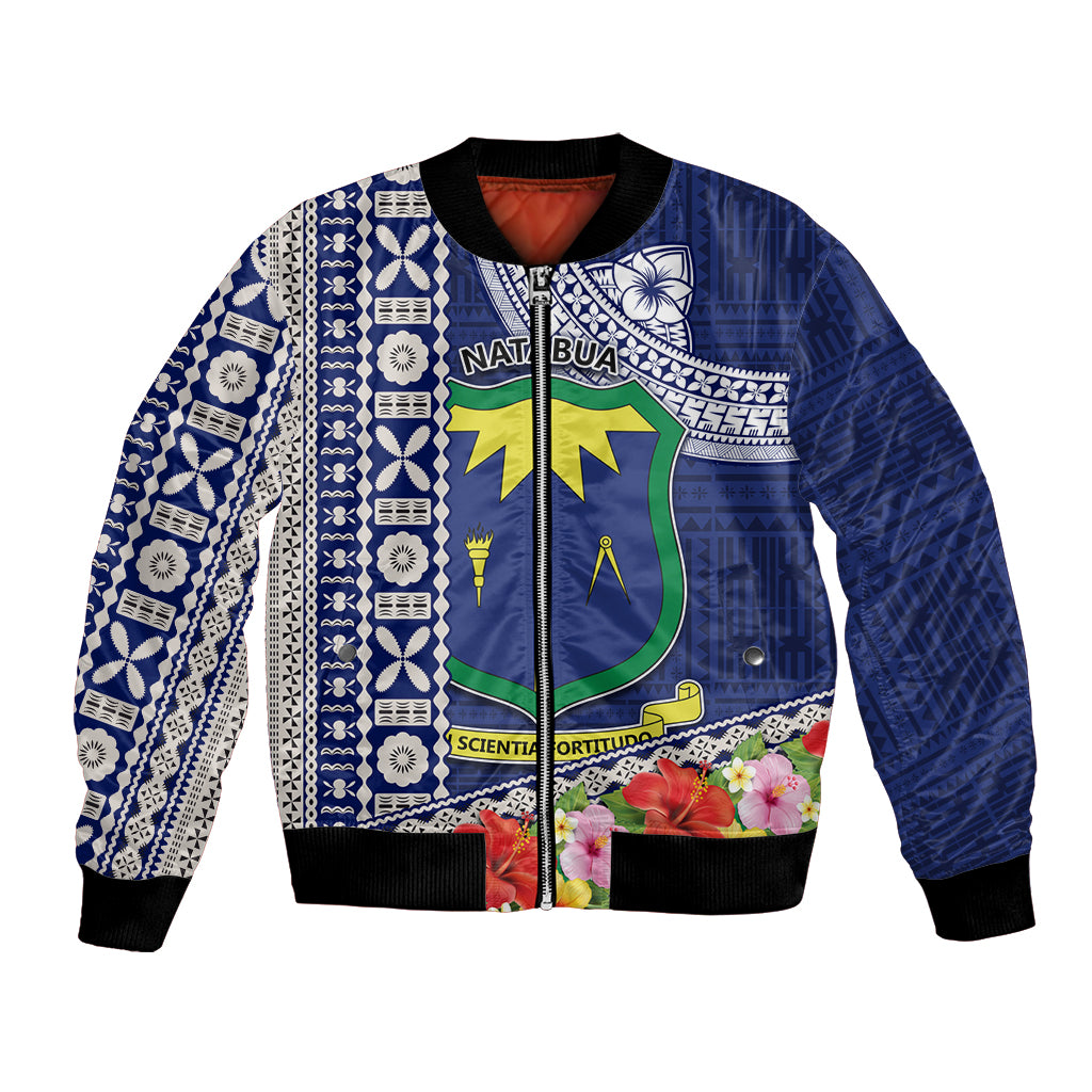 Fiji Natabua High School Bomber Jacket Tropical Flower and Tapa Pattern Blue Style LT03 Unisex Blue - Polynesian Pride