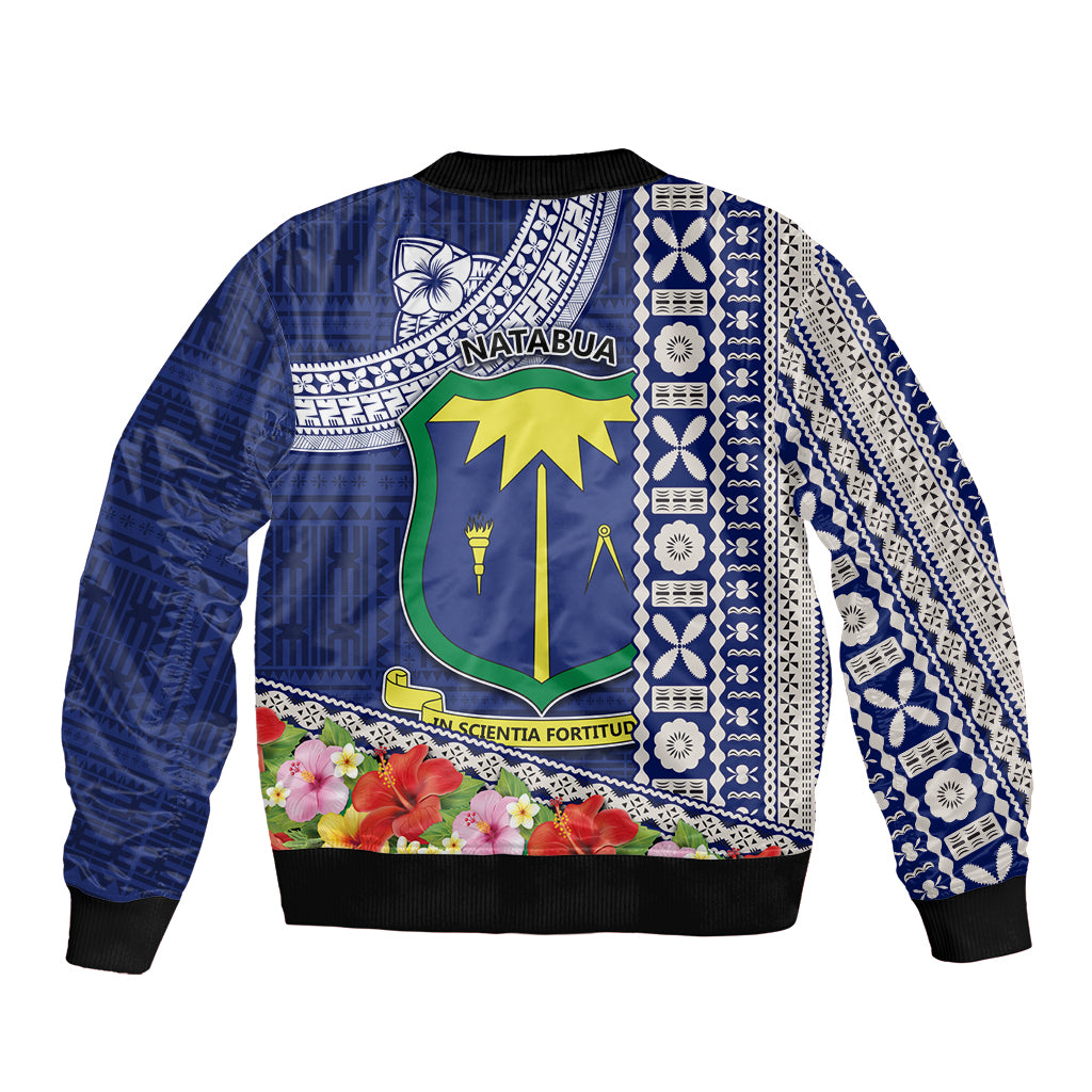 Fiji Natabua High School Bomber Jacket Tropical Flower and Tapa Pattern Blue Style LT03 - Polynesian Pride