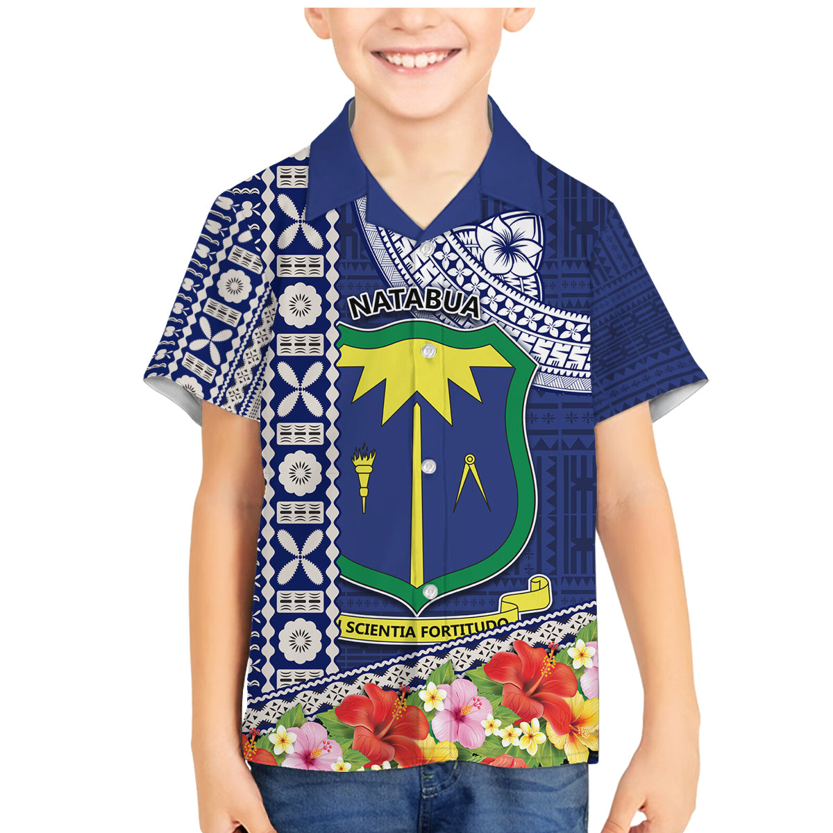 Fiji Natabua High School Family Matching Mermaid Dress and Hawaiian Shirt Tropical Flower and Tapa Pattern Blue Style LT03 Son's Shirt Blue - Polynesian Pride