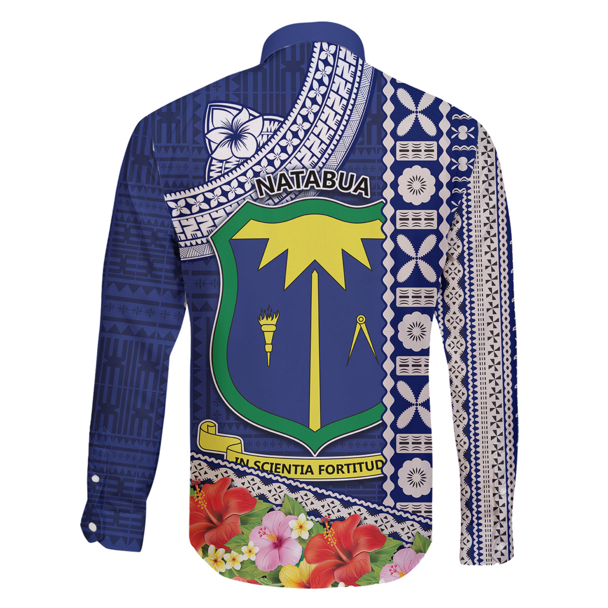 Fiji Natabua High School Family Matching Off Shoulder Long Sleeve Dress and Hawaiian Shirt Tropical Flower and Tapa Pattern Blue Style LT03 - Polynesian Pride