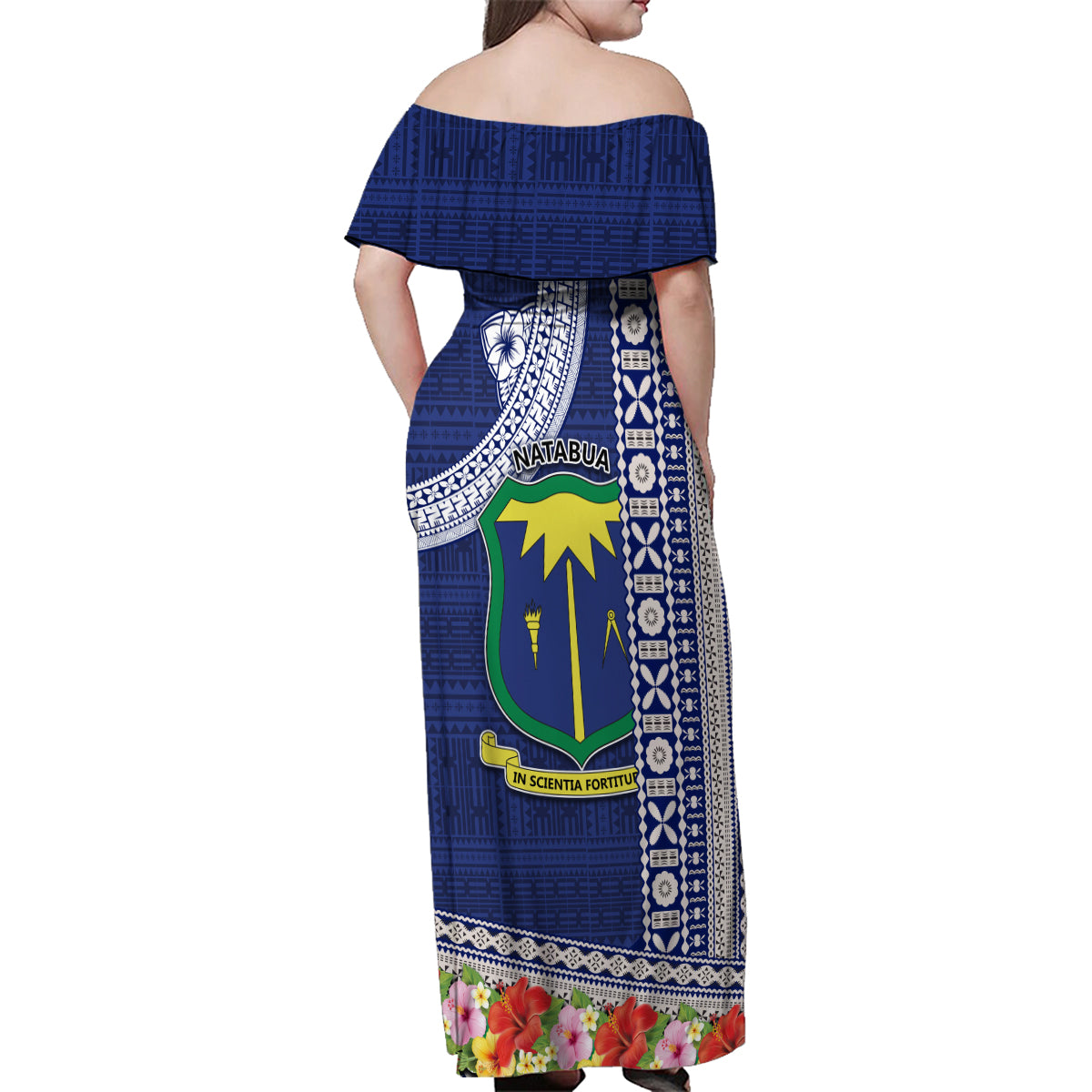 Fiji Natabua High School Family Matching Off Shoulder Maxi Dress and Hawaiian Shirt Tropical Flower and Tapa Pattern Blue Style LT03 - Polynesian Pride