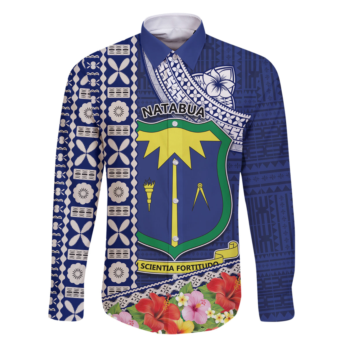 Fiji Natabua High School Family Matching Tank Maxi Dress and Hawaiian Shirt Tropical Flower and Tapa Pattern Blue Style LT03 Dad's Shirt - Long Sleeve Blue - Polynesian Pride