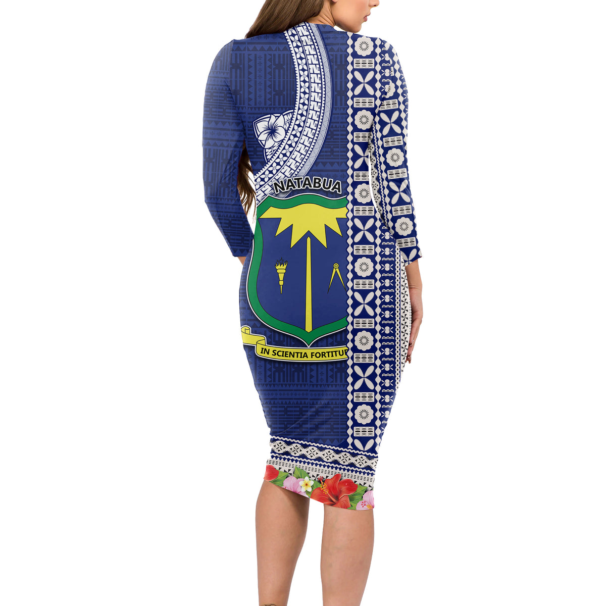 Fiji Natabua High School Long Sleeve Bodycon Dress Tropical Flower and Tapa Pattern Blue Style LT03 - Polynesian Pride