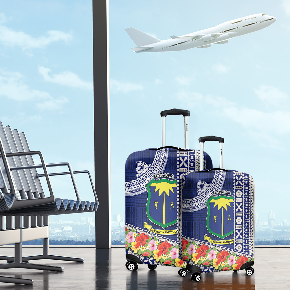 Fiji Natabua High School Luggage Cover Tropical Flower and Tapa Pattern Blue Style LT03 - Polynesian Pride